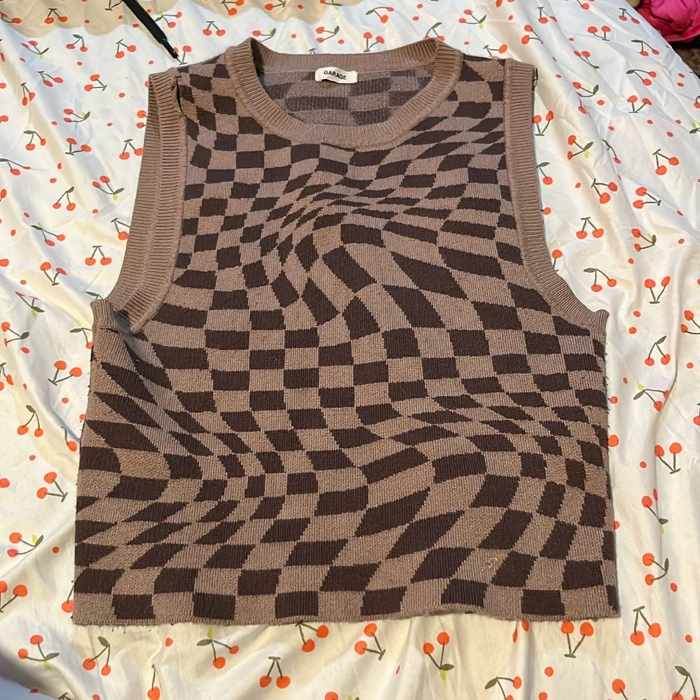 Garage Brown Checkered Sweater Tank Top